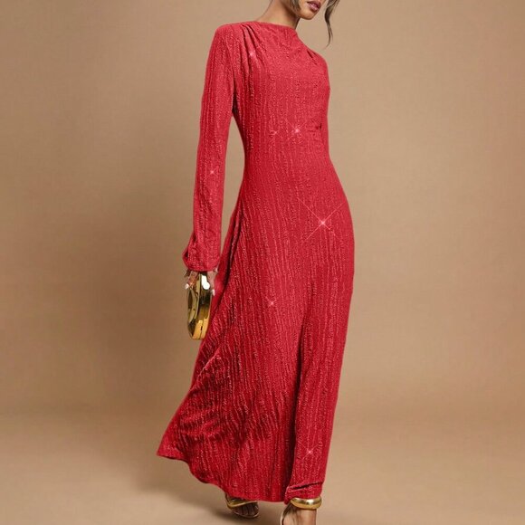Red Party Women's Stand Collar Long Sleeve Sparkling Luxury Long Dress - Picture 4 of 5